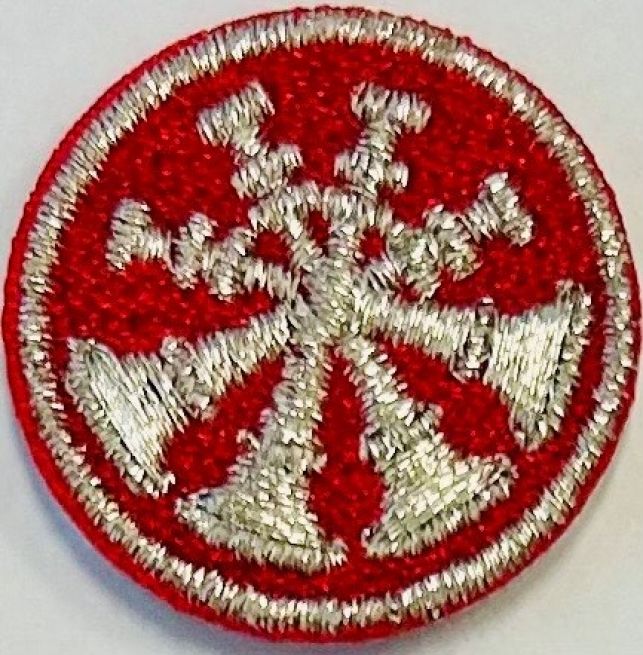 FIRE FIGHTER 4 BUGLES CROSSED, 1" CIRCLE - METALLIC SILVER ON RED - SEW ON.